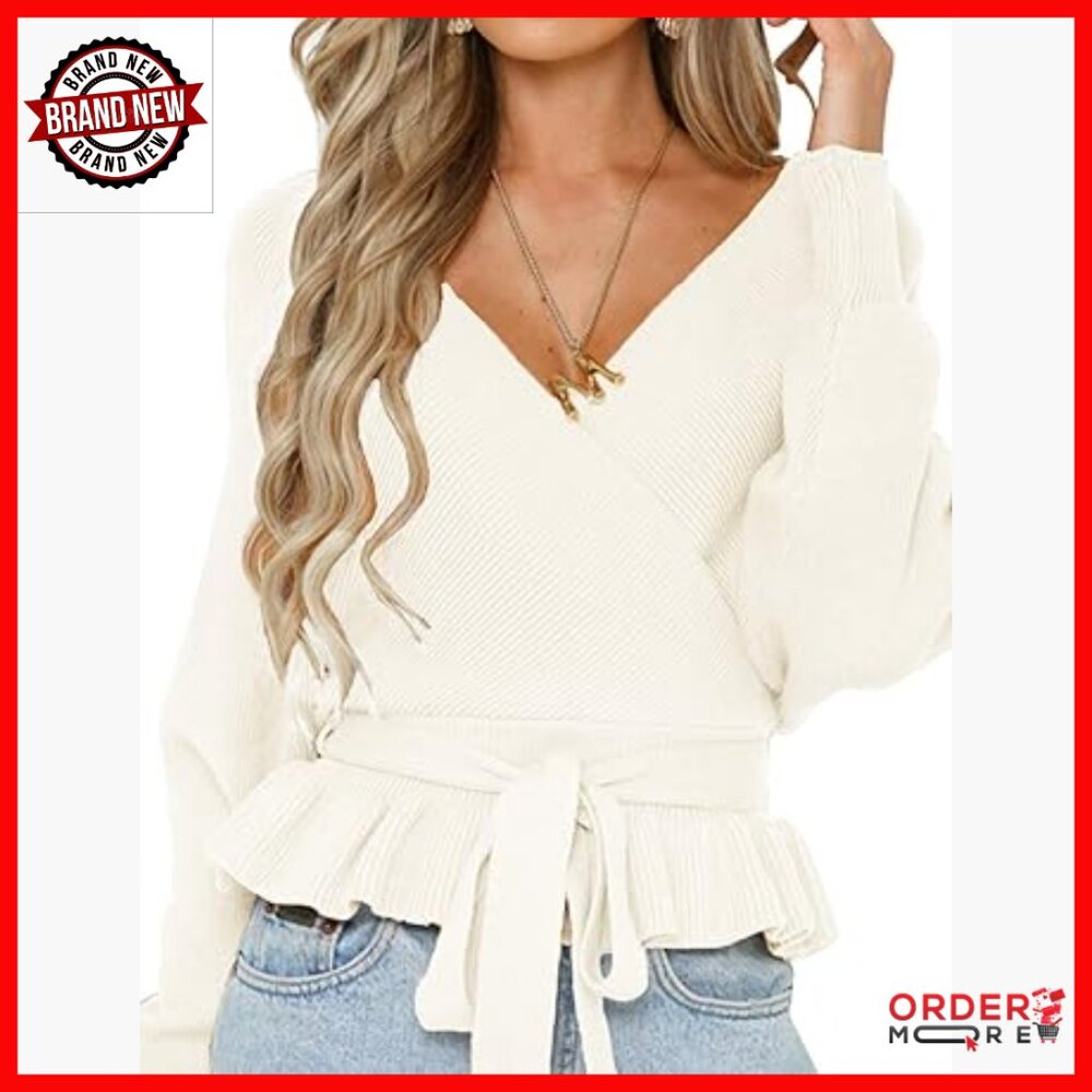 Wrap V-Neck Batwing Sleeve Belted Ruffle Hem Knit Sweater Top